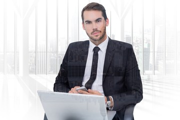 Poster - Composite image of cheerful businessman with laptop 