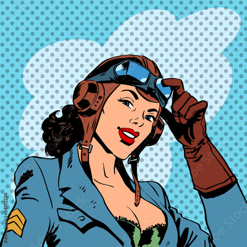 Fototapeta na wymiar Pin up girl pilot aviation army beauty pop art retro