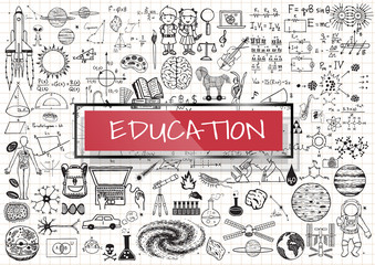 educational doodles with 3d red transparent frame.