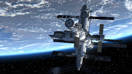 Wall Mural - flight of the space station above the earth. 3d animation.