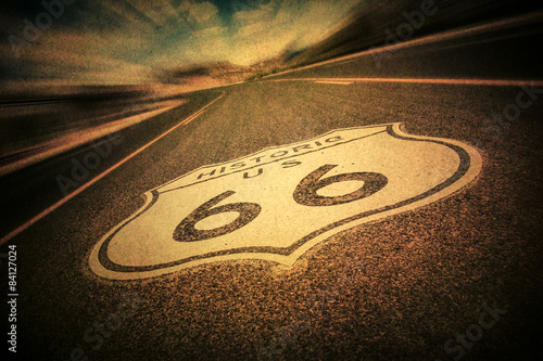 Route 66 road sign with vintage texture effect Poster
