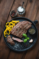 Sticker - Beef steak with sea salt, spices and bell pepper, above view