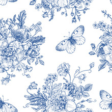 Seamless  Pattern  Flowers And Butterflies.