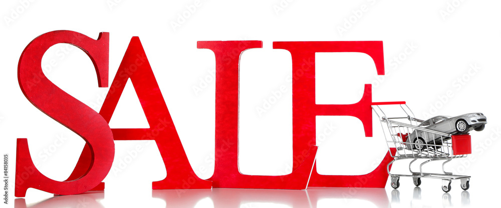 Letters Sale with toy car isolated on white