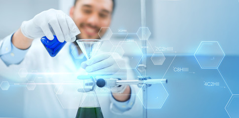 Poster - close up of scientist with test tubes and funnel