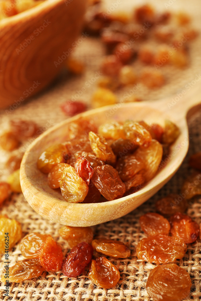Raisins on sackcloth, closeup