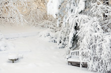 A Snow-covered Garden Including Birdbath And Garden Bench