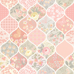 seamless patchwork pattern with flowers and butterflies