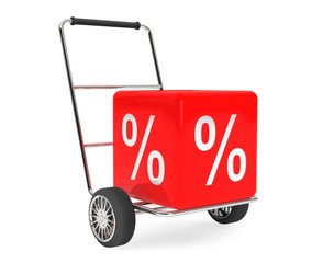 Fototapete - Discount Concept. Hand Cart with Percent Cube