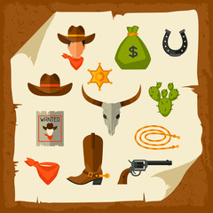 Wall Mural - Wild west cowboy objects and design elements