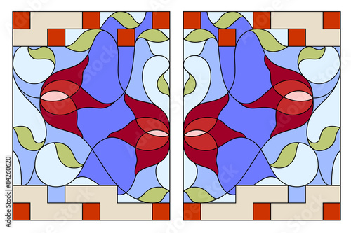Tapeta ścienna na wymiar Stained glass window. Composition of stylized tulips, leaves, ge