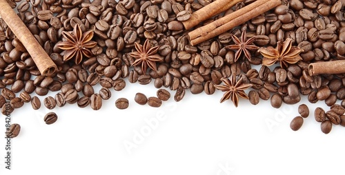 Fototapeta do kuchni Coffee beans at the top with anise and cinnamon on white