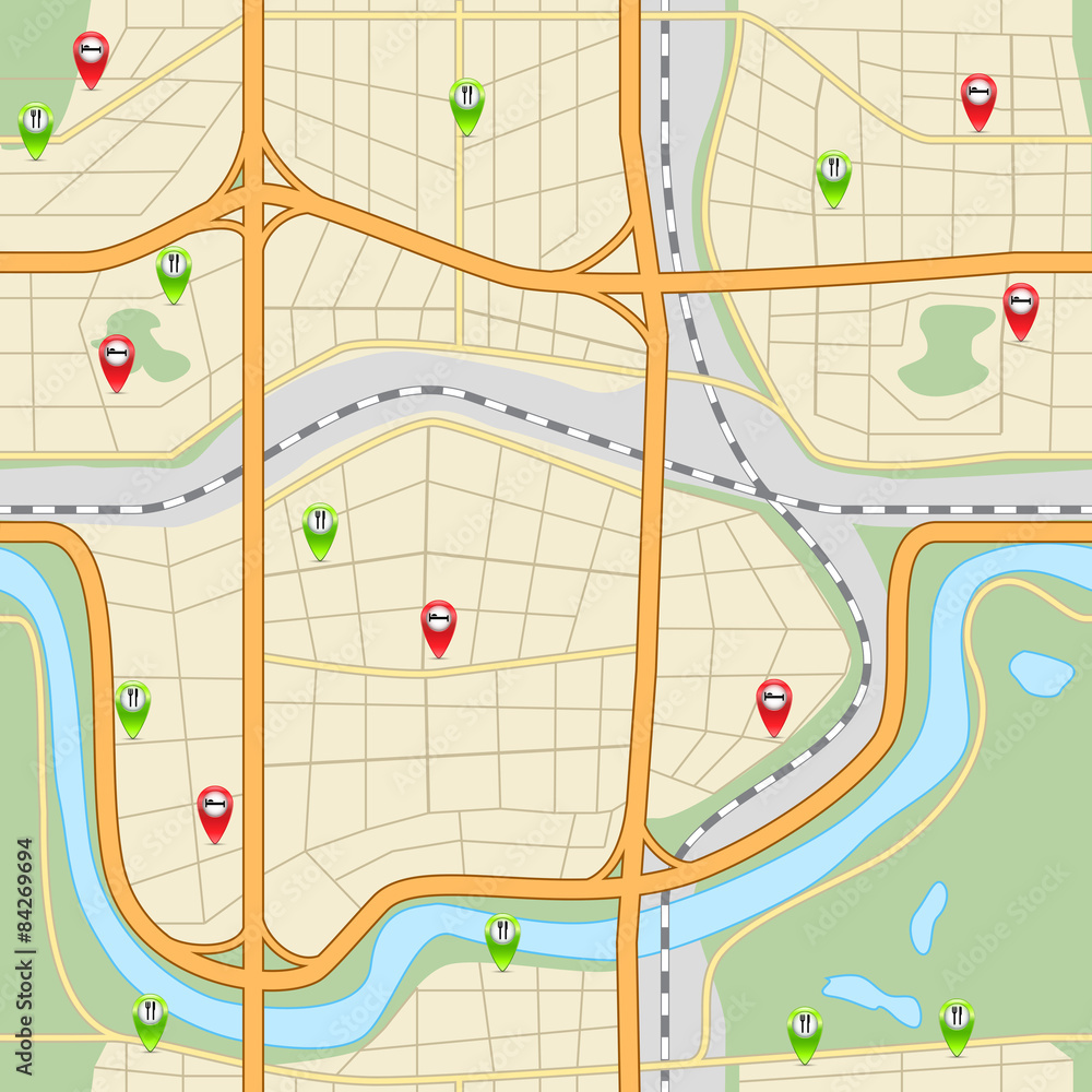 seamless city map with roads and parks Stock Vector | Adobe Stock
