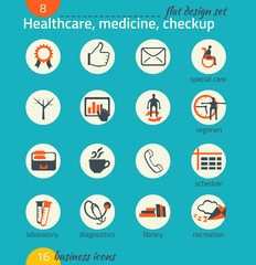 Business icon set. Healthcare, medicine, diagnostics. Flat desig