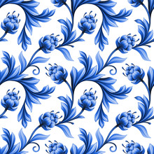 Abstract Floral Seamless Pattern, Background With Folk Art Flowers, Blue White Gzhel Ornament