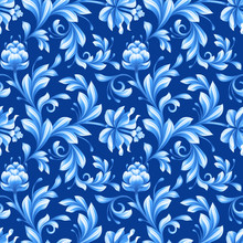 Abstract Floral Seamless Pattern, Background With Folk Art Flowers, Blue White Gzhel Ornament