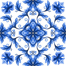 Abstract Floral Seamless Pattern, Blue White Gzhel Ornament