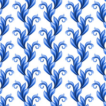 Abstract Floral Seamless Pattern, Leaves Ornamental Background, Blue White Gzhel Ornament