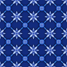 Abstract Floral Seamless Pattern, Blue White Gzhel Trellis, Lattice Ornament