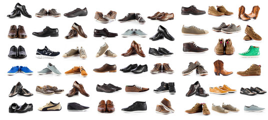 collection of male shoes over white background