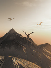 Dragon Peak At Sunset, Fantasy Illustration