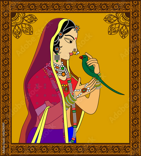 Board z aluminiowym obramowaniem Królowa indian / portret księżniczki - inspirowany stylem sztuki rajput z XVI wieku.