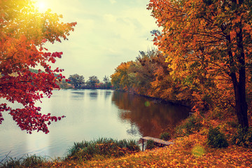 Wall Mural - rural landscape at sunset. lake in autumn