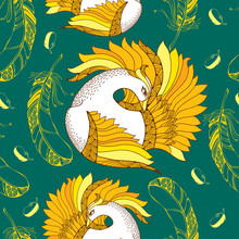 Seamless Pattern With Mythological Firebird And Feathers
