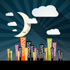 Wall Mural - Vector Night City Illustration with Skyscrapers and Moon