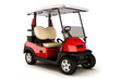 Red colored golf cart on a white isolated background