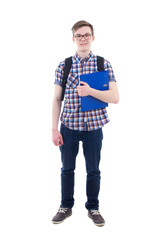 Poster - portrait of handsome teenage boy with backpack and book isolated