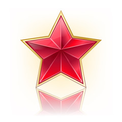Wall Mural - red five corner star with golden border on white with reflection