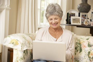 Wall Mural - Retired Senior Woman Sitting On Sofa At Home Using Laptop