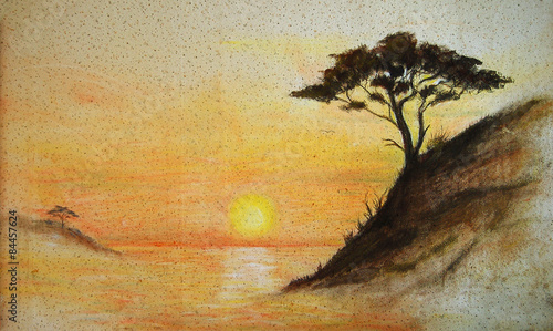 Obraz w ramie painting wall.Painting sunset, sea and tree, wallpaper landscape