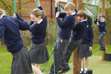 Elementary School Pupils On Climbing Equipment