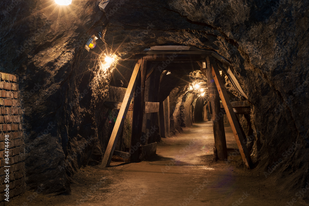 Long tunnel through gypsum mine - obrazy, fototapety, plakaty 