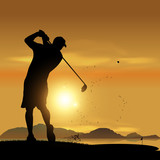 Fototapeta  - Golfer silhouette at sunset