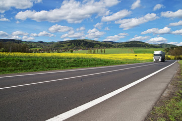 White truck arrives from a distance on the road between the flowering rapeseed field