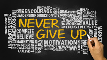 never give up concept with related word cloud