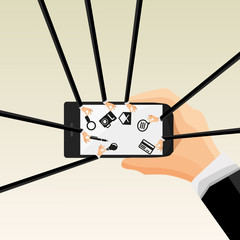 Wall Mural - human hands holding mobile phone with icons.