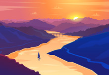 Sunset Landscape. Vector Illustration.