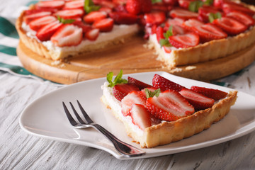 Wall Mural - piece of strawberry tart with cream cheese close-up. Horizontal
