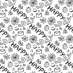  Cute doodle seamless pattern with hearts, flowers, ladybirds