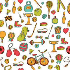 Wall Mural - Hand drawn fitness, sport seamless pattern. Doodle icons in sket