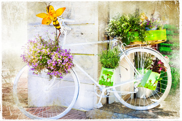 Naklejka biały rower udekorowany kwiatami