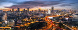 panorama bangkok city sunset trafic road, Night rooftop view skyline highway twilight, office buildings, living, condominium in bangkok city  skyline top night view Downtown and business office 