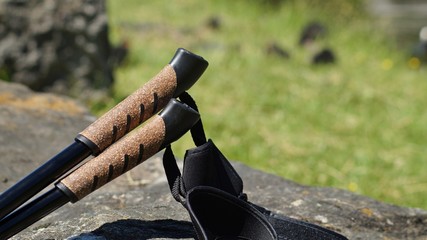 Nordic walking on the autumn park. Active and healthy lifestyle.
