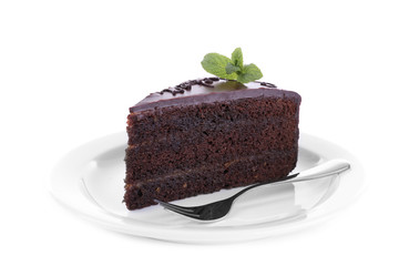 Poster - Piece of chocolate cake with mint isolated on white