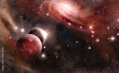 Plakat planety i galaktyki w odcieniach czerwieni