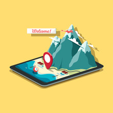 Vector Isometric Map In Flat Design Style. Tablet PC With Mobile